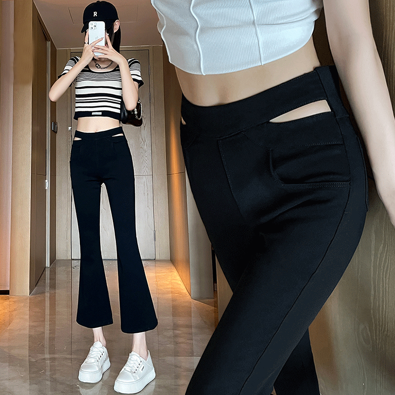 高腰松紧腰九分弹力镂空喇叭裤女