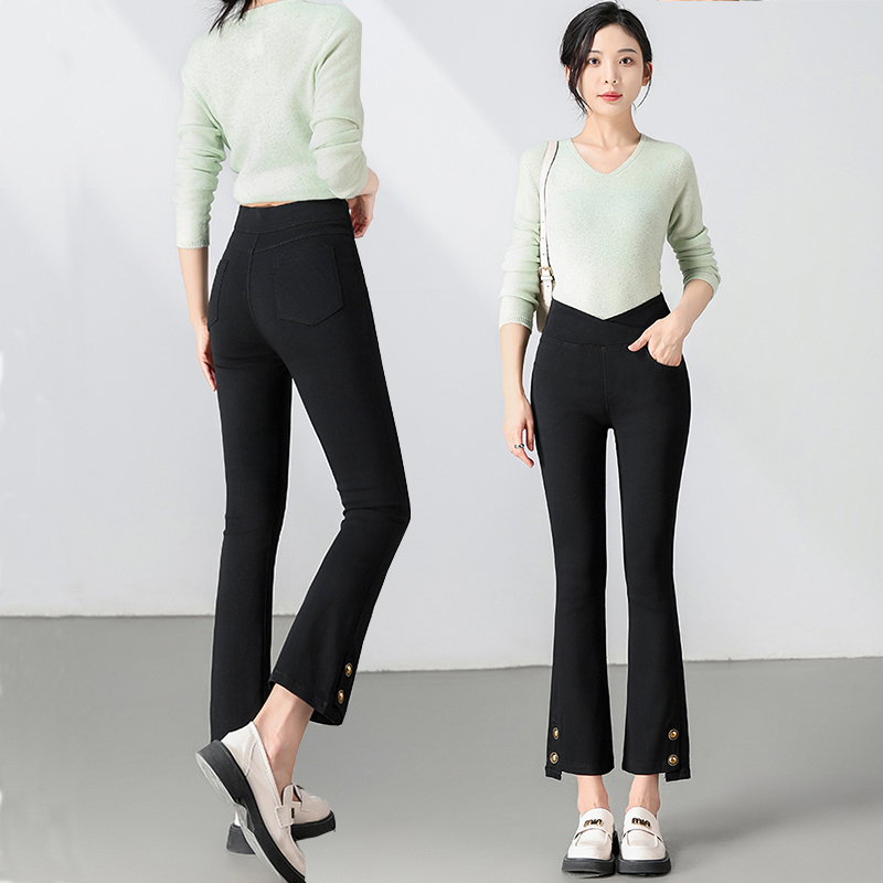 高腰松紧腰八九分直筒微喇叭裤女