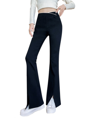 松紧腰高腰嗽叭裤女长裤九分开衩