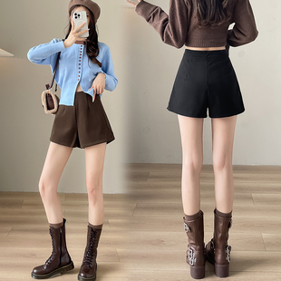 高腰毛呢开叉短裤后拉链显瘦百搭阔腿3分裤小个子宽松减龄休闲裤