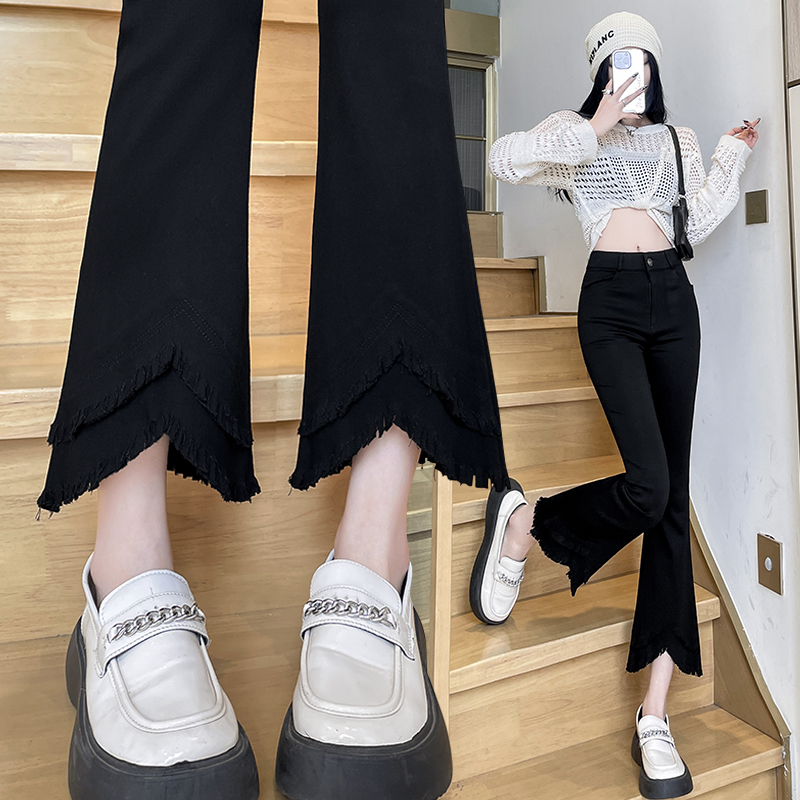 高腰九分不规则毛边弹力喇叭裤女