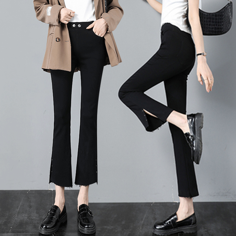 高腰九分开衩微喇女裤弹力直筒