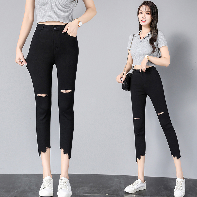8分黑色打底裤女外穿破洞高腰弹力小黑裤薄小脚小个子魔力裤八分