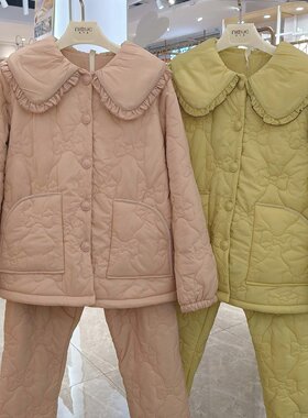 妮可雅珊瑚绒夹棉睡衣女三层冬季新款羽绒布加厚甜美家居服套装