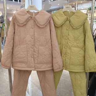 妮可雅珊瑚绒夹棉睡衣女三层冬季新款羽绒布加厚甜美家居服套装