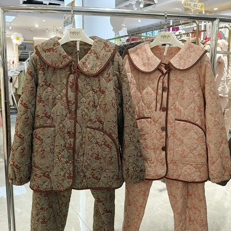 正品妮可雅睡衣女2025秋冬新款加厚珊瑚绒薄夹棉碎花居服中厚套装