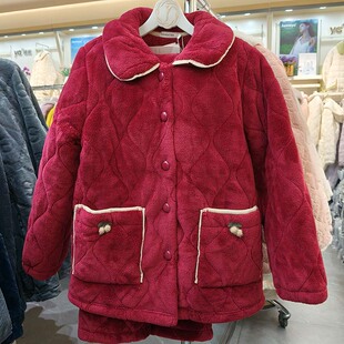 正品精雅睡衣女冬季三层加厚珊瑚绒夹棉加绒保暖家居服棉袄加大码