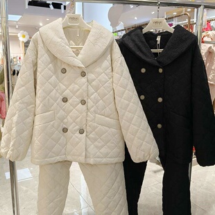 妮可雅珊瑚绒睡衣女三层薄夹棉秋冬季保暖高档羽绒布家居服套装