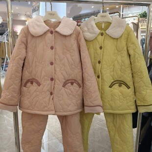 妮可雅珊瑚绒夹棉睡衣女三层冬季新款羽绒布加厚甜美家居服套装