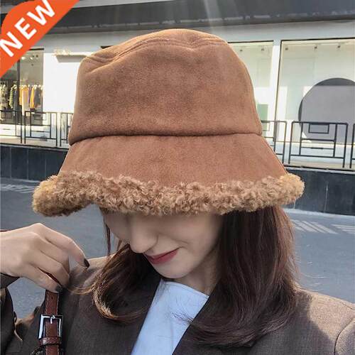 Warm Women Bucket Hat Winter Suede Artificial Fur Thick Warm