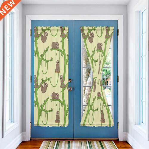 Cartoon Animal Sloth Green Branch Door Curtains Decor Home