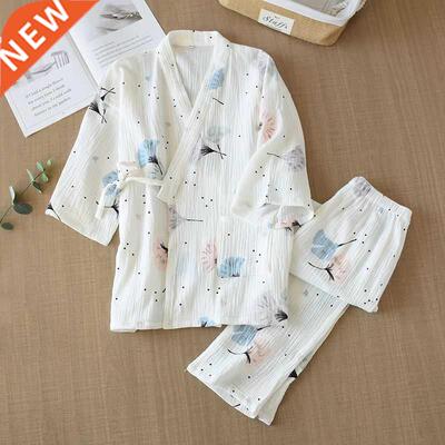 Spring and Summer Pure Cotton Yarn Kimono Pajamas V-Ne Pri