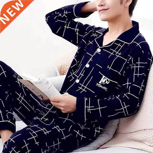 Men Spring Autumn Pajamas Set 2 piece Cotton Long Sleeves Pl