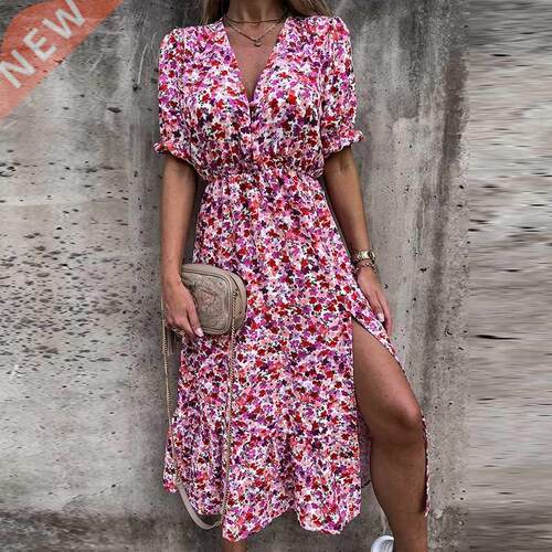 Summer Floral Print Dress Women V Neck Side Slit Long Dress