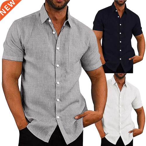 Men‘s Casual Cotton Linen Shirts Summer Short Sleeve L
