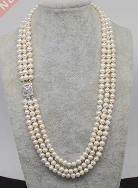 WOW! 3rows freshwater pearl white near round 7-8mm necklac
