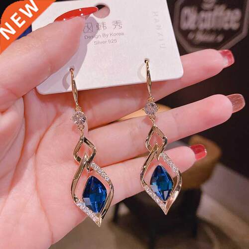 2022 rendy Korean Long Earrings For Women Blue Crystal Geome