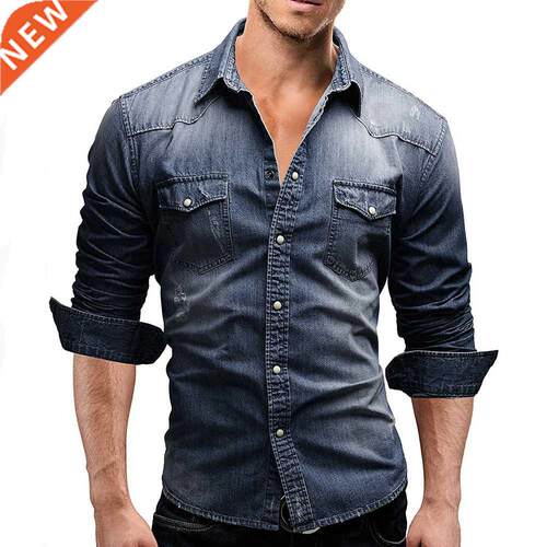 2022 Autumn Men Denim Shirt Mens Long Sleeve Soft Cotton Sli