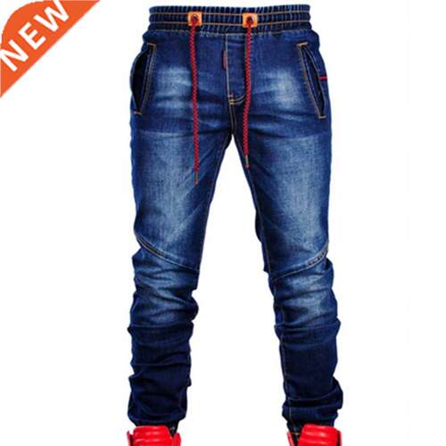 Men's New Large-Size Jeans Elasticize Waist Tie Slim Casual
