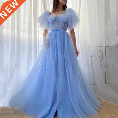 Strapless Neckline Sash Pleats Puffy Sleeve Zipper Baby Blue