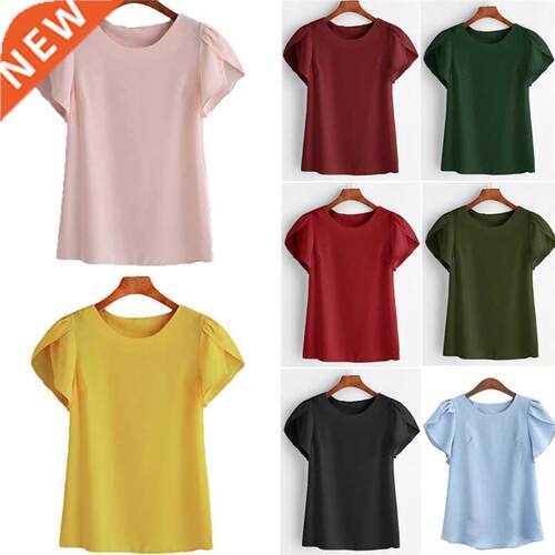Summer Women Chiffon Blouse Short Sleeve Red Ladies Office L