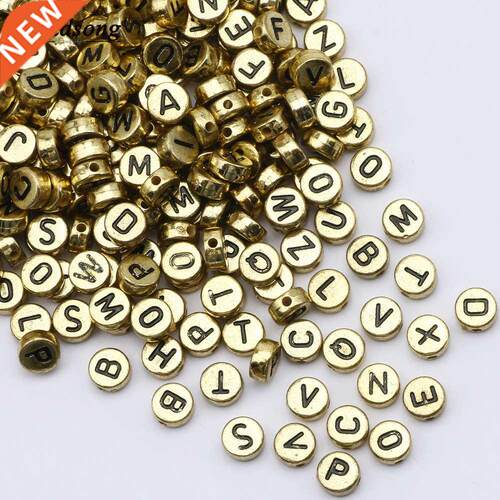 Flat Round 4X7MM Gold Color Letter Beads Acrylic Random Alph
