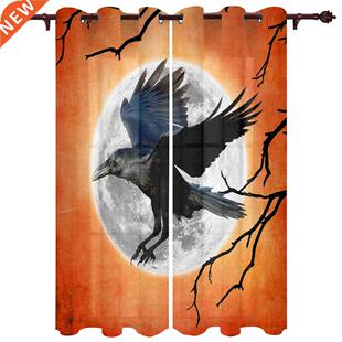 Hlloween Moon Crow Brnch Window Curtins Kitchen Bedroom