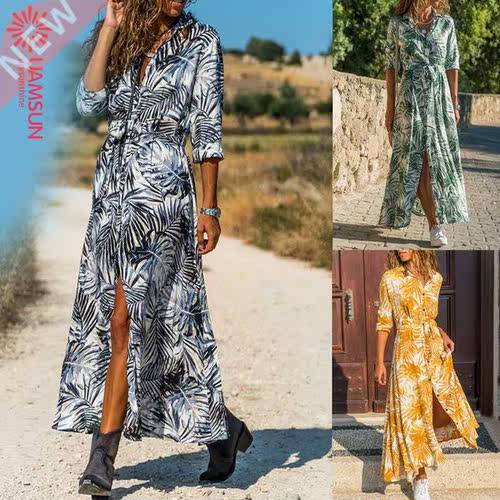 2022sprin casual maxi dress women printed high waist dresses