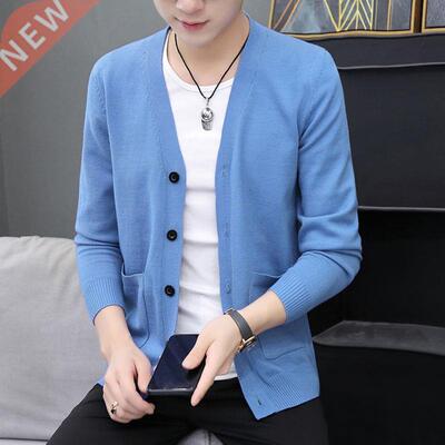 Korean Cardigan Men Sweater Knitted Top Men Clothes Navy Lon