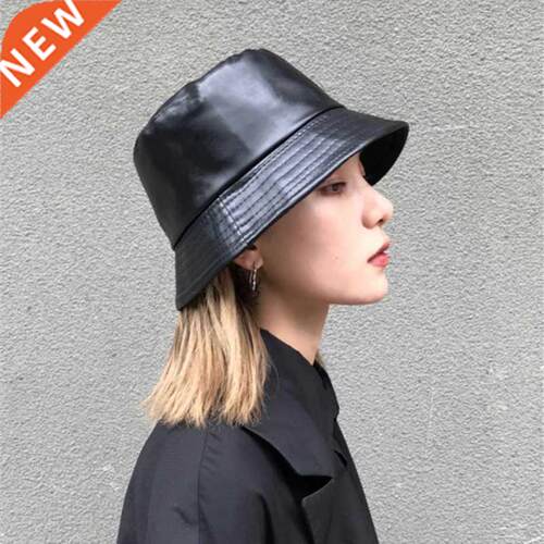 Winter Autumn Solid Black Soft PU Leather Bucket Cap Retro L