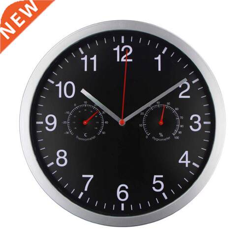 Metal Silent Quartz Wall Clock Quiet Sweep Movement Thermome