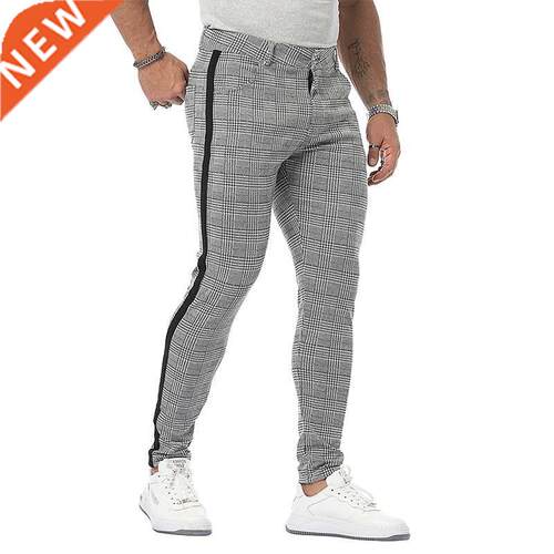 Mens Streetwear Chinos Plaid Casual Pants Fitness Men Skiny