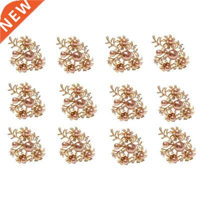 12 Pcs Wedding Holiday Gold Napkin Rings With Flowers Pearl