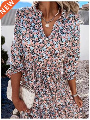 2021 Summer Women Vintage Dress High Waist Ruffle Lady Casua