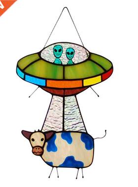 UFO Cow Pendant Stained Glass Suncatcher Window Panel