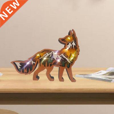 Wooden Fox Ornament Luminous Multilayer Figurine Desktop Woo