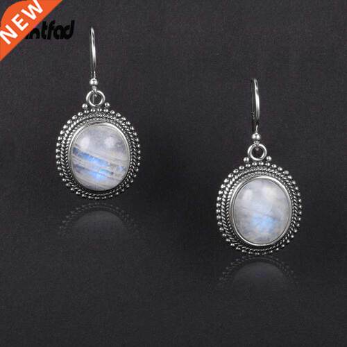 925 Sterlng Slver Earrng Large Oval Natural Moonstone Ear