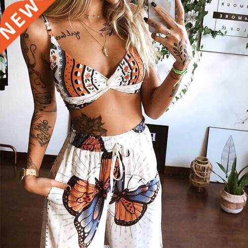 Two-piece Suit Underwear Loose Wide Leg Pants Print Boho Bea