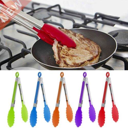 1PC Silicone Cooking Food Serving BBQ Stainless Tongs Steel