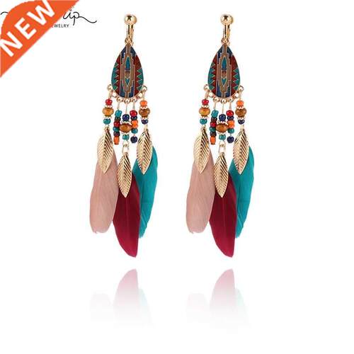 Fashion Bohemian Long Tassel Enamel Feather Clip on Earring