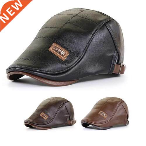 Men Beret Hat Leather Flat Cap Warm Autumn Winter Male Adju