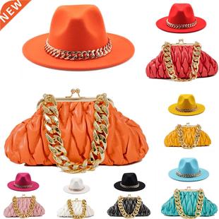 woen and Hat Set Chain Bag bag hat sets fedoraStraw Gold