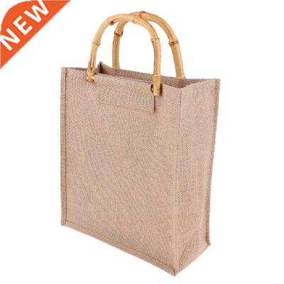 Vintage Eco-friendly Burlap Linen Shopping Bag With Bamboo