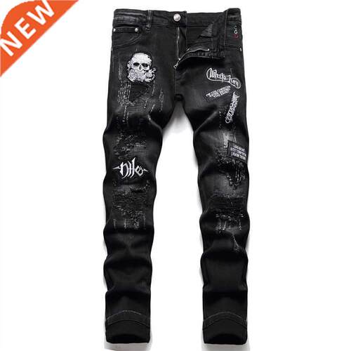 Spring 2022 New Ripped Black Jeans Men's Fashion Skull Embro