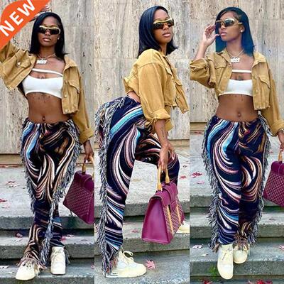Side Tassels Patchwork Striped Print Jogger Pant Women Rave