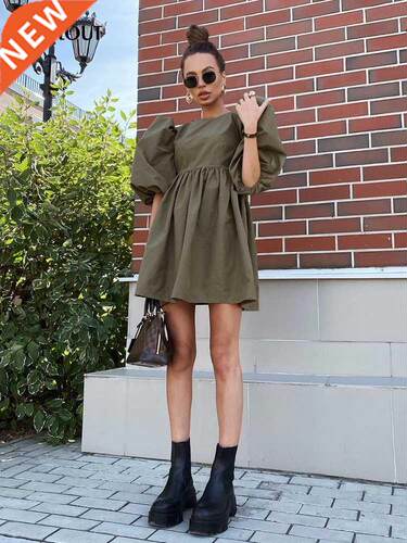 Bclout Green Vintage Puff Sleeve Women Dress Elegant High Wa