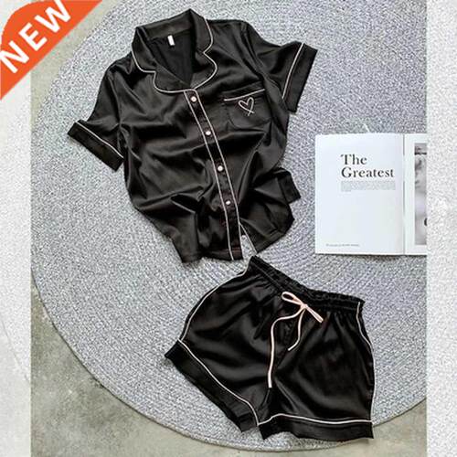 Silk Pajamas for Women Home Suit Heart Embroidered Pyjamas P