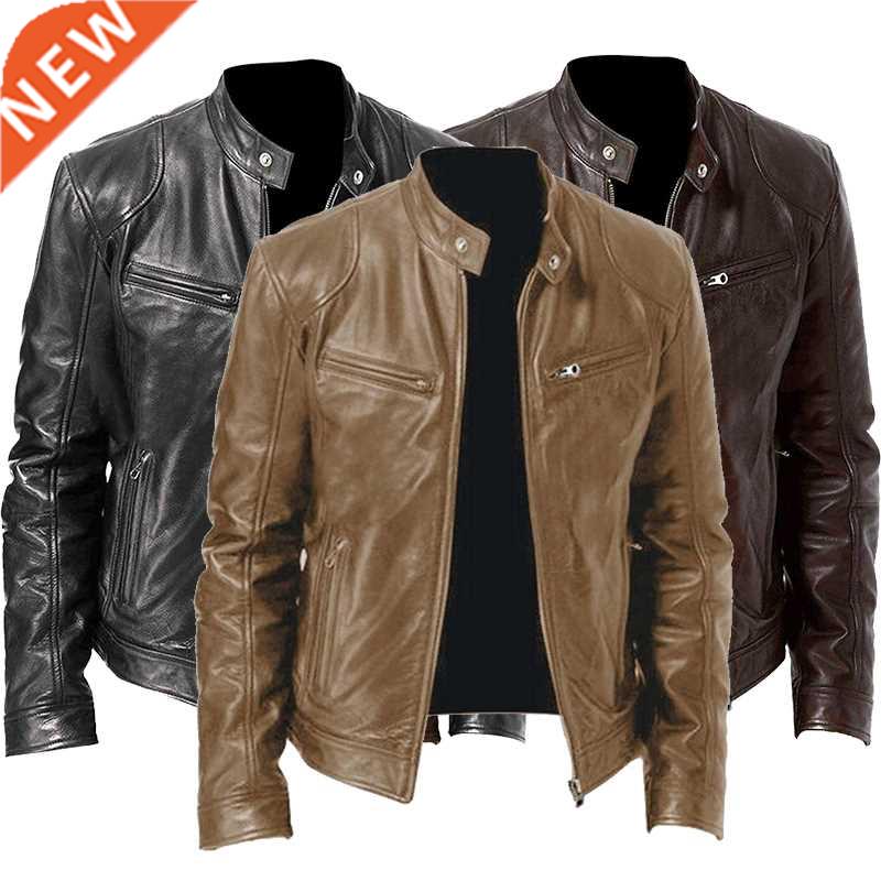 2022 Men Leather Jacket Plus Size Black Brown Mens Stand Col图片
