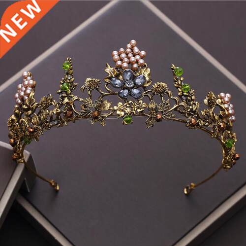 KMVEXO Baroque Vintage Gold Crystal Flowers Beads Tiaras Rhi