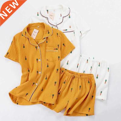 Women Pajamas Set Summer Comfort Gauze Cotton Turn-down Coll